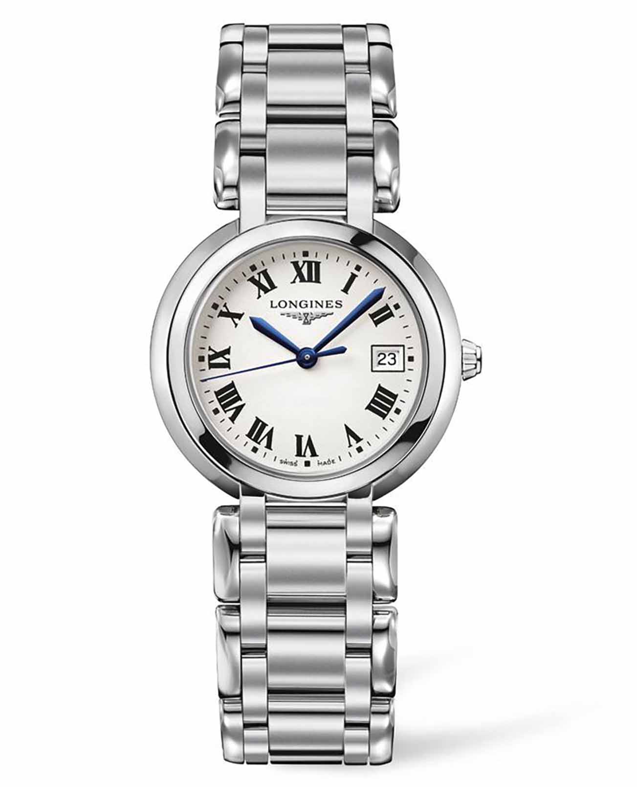 Longines Longines PrimaLuna L8.112.4.71.6  L81124716 кварцевые женские часы серебристый циферблат, браслет нержавеющая сталь — вид спереди
